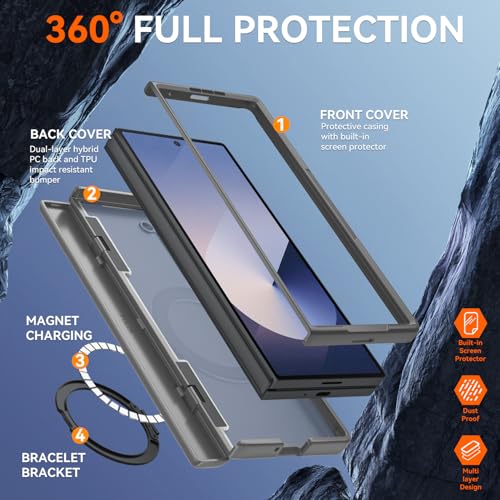 Upgraded 360° Spin Magnetic Invisible Ring Stand for Samsung Galaxy Z Fold 6 Case,[Compatible with MagSafe][S Pen Holder][Hinge Protection][Screen Protector],Shockproof Full Body Phone Cover (Grey) - color: Grey