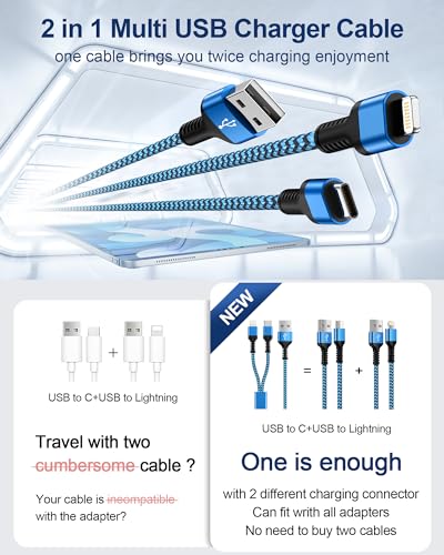 Multi Charging Cable USB to USB C and Lightning Cable, 2 in 1 Charger Cable