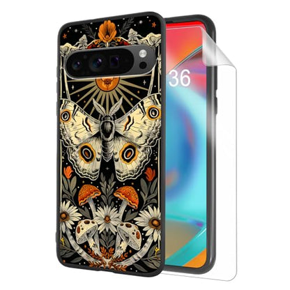 for Google Pixel 9 Pro XL Phone Case TPU Shockproof Full Body Protection Cover 6.8" Moth Mushroom Flower for Pixel 9 Pro XL Lightweight Compatible Wireless Charging Screen Protector Film - color: Moth Mushroom Flower
