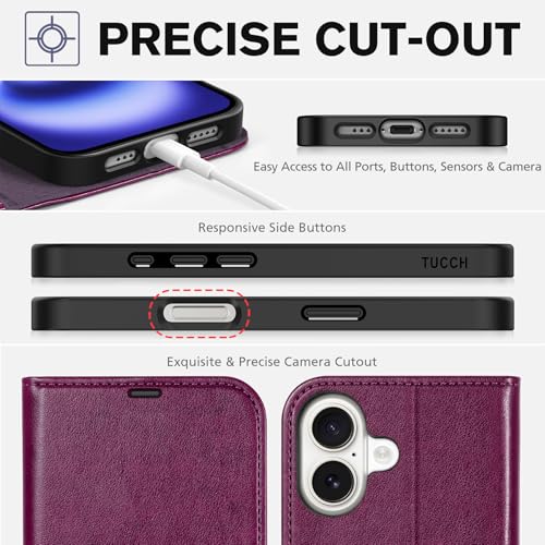 TUCCH Wallet Case for iPhone 16 (6.1") 2024, 4 Card Slots, Plum Purple | RFID Blocking, Viewing Stand, Shockproof TPU Shell, PU Leather, Magnetic Closure, Protective Folio Flip Cover - color: Plum Purple