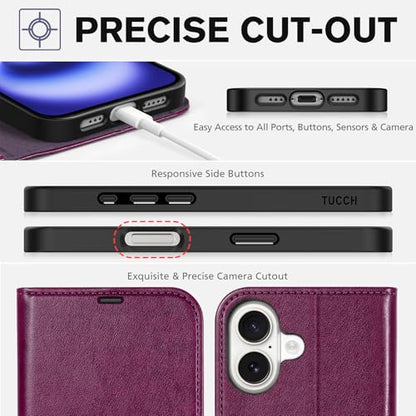 TUCCH Wallet Case for iPhone 16 (6.1") 2024, 4 Card Slots, Plum Purple | RFID Blocking, Viewing Stand, Shockproof TPU Shell, PU Leather, Magnetic Closure, Protective Folio Flip Cover - color: Plum Purple