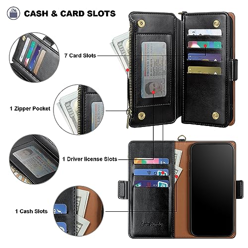 Antsturdy Compatible with Google Pixel 9 5G Wallet Case with Card Holder Women Men,Pixel 9 Pro Phone Case PU Leather Flip Protective Cover Wrist Strap Zipper Credit Card Slots RFID Blocking,Black - color: A-Black