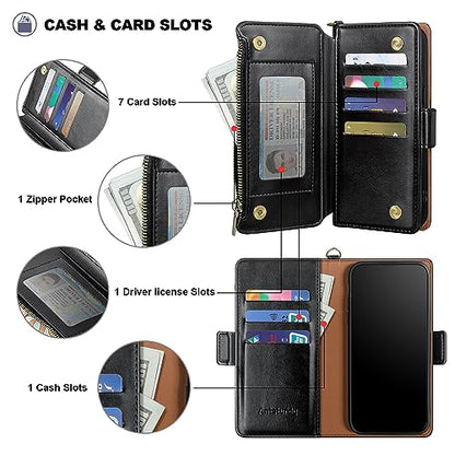 Antsturdy Compatible with Google Pixel 9 5G Wallet Case with Card Holder Women Men,Pixel 9 Pro Phone Case PU Leather Flip Protective Cover Wrist Strap Zipper Credit Card Slots RFID Blocking,Black - color: A-Black