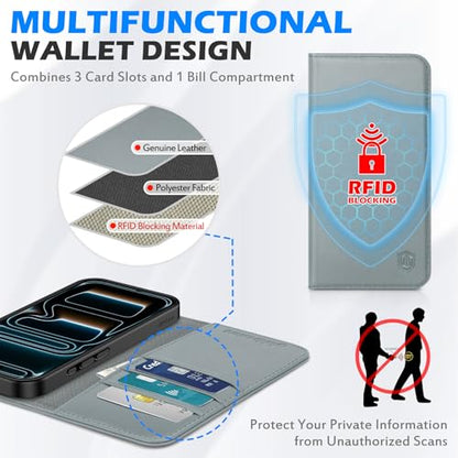 SHIELDON Real Leather Magnetic Case Wallet for iPhone 17 Pro Max 6.9", Gray | Flip, Magnetic Closure, RFID Blocking 3 Card Holder, Kickstand, Full Protection, Shock Absorbing Protective Cover - color: Gray
