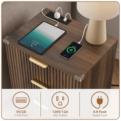 Lulive Wood Bedside Table w/Charging Station, 3 Drawers Fluted Dresser - color: Walnut, size: 3 Drawers-Set of 1 Nightstand