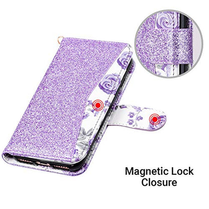 ULAK for iPhone SE 3(2022)/SE(2020)/8/7 Wallet Case Card Holder, Purple | Premium Floral PU Leather Flip Case with Kickstand Card Slots,RFID Blocking,Wrist Strap, Durable Shockproof Cover 4.7 Inch - color: Bling Purple