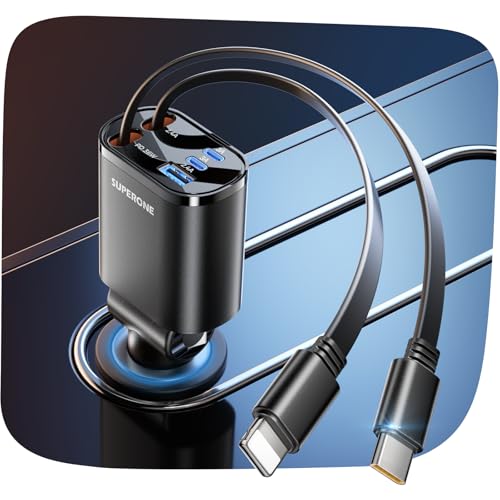 SUPERONE 90W Retractable Car Charger with Dual Cables Car Phone Charger - color: Black