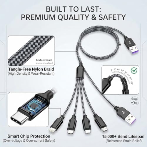 4 in 1 Multi Charging Cable 4ft 2 Pack,Braided MFi Certified Charger Cable - color: BlackGrey/Rose-4ft-2Pack