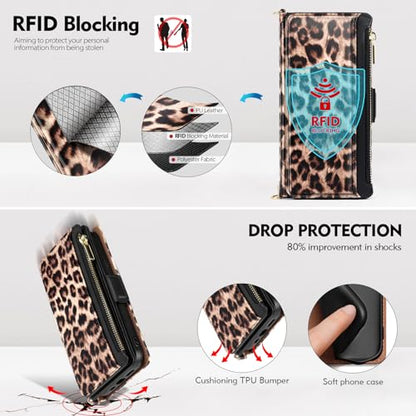 Antsturdy Crossbody Phone Wallet Case for iPhone 15 Pro,Leopard - Brown | RFID Blocking,PU Leather Flip Cover,Kickstand,with Credit Card Holder,Wrist Strap Lanyard & Handbag Purse,for Women & Men - color: (Crossbody) - Leopard-Brown