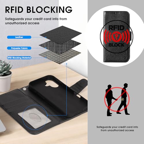 Arae Compatible with iPhone 17 Case Wallet with Card Holder, Wristlet Strap Wallet Flip Cover for iPhone 17 6.1 inch Men/Women, RFID Blocking, Kickstand, Litchi Black - color: Litchi Black, size: iPhone 17 6.1 inch