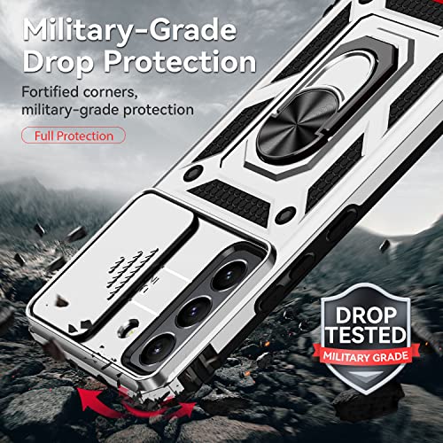 for Samsung Galaxy S22 Case with Camera Lens Cover HD Screen Protector, Dual Layer Military-Grade Drop Tested Magnetic Ring Holder Kickstand Protective Phone Case for Samsung Galaxy S22 5G (Silver) - color: Silver with camera cover Military-Grade 2nd gen