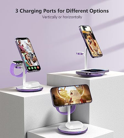 3 in 1 Magnetic Wireless Charging Station for Apple Devices,15W for Magsafe - color: Lavender Purple