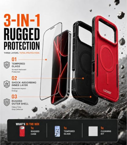 LOOXER® Heavy Duty Rugged Magnetic Case for iPhone 17 Pro (6.3”) | Military Grade Shockproof Protection,MagSafe Compatible+ Tempered Glass Included (Red, 17 Pro) - color: Red, size: 17 Pro