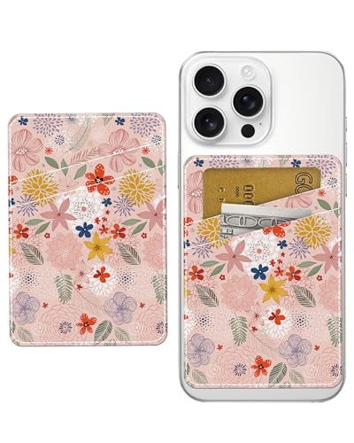 Phone Card Holder, Dual Pocket Leather Phone Wallet Adhesive Stick On, Cute Card Holder, Credit Card Holder for Phone Case Floral Pattern - color: Floral Pattern