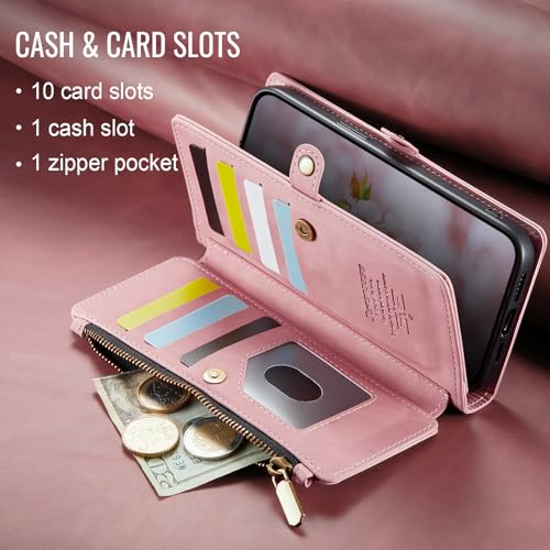 Defencase for iPhone 14 Plus Wallet Case with RFID Card Holder, Rose Pink | Durable Soft PU Leather, with Zipper Pocket, Wrist Strap, Fashion Snap Flip Phone Cases Cover with Stand for Women and Men - color: Rose Pink