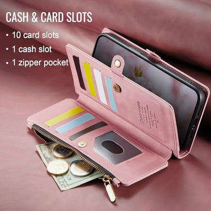 Defencase for iPhone 14 Pro Max Wallet Case with RFID Card Holder, Rosepink | Durable Soft PU Leather, with Zipper Pocket, Wrist Strap, Fashion Snap Flip Phone Cases Cover with Stand for Women and Men - color: Rose Pink