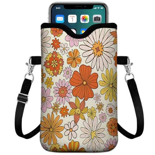 Universal Phone Sleeve Pouch with Crossbody Strap 7.6 X 4.3 Inches Shockproof Water Resistant Mobile Protection Bag-Colorful Flower Neoprene Phone Pouch Bag - color: Colorful Flower-Phone Pouch