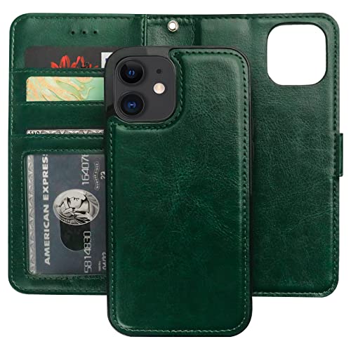 Bocasal Detachable Wallet Case Card Holder for iPhone 12/12 Pro, Green | Kickstand Card Slots Holder PU Leather Magnetic Shockproof Wrist Strap Removable Flip Protective Cover 6.1 inch - color: Green