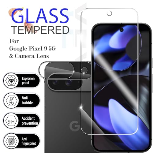 Screen Protector for Google Pixel 9, [2+2 Pack] Tempered Glass for Pixel 9 & Camera Lens Protectors[Ultrasonic Fingerprint Unlock] [Case Friendly] [Bubble-Free] 6.3 Inches - size: Google Pixel 9