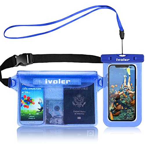 ivoler 2-Pack Waterproof Fanny Pack & Phone Pouch, Dry Bag for Passport, Phone & Wallet, Floating Waterproof Phone Case for Beach, Swimming, Kayaking, Boating, Cruise Essentials & Travel - color: Translucent Blue & Royal Blue