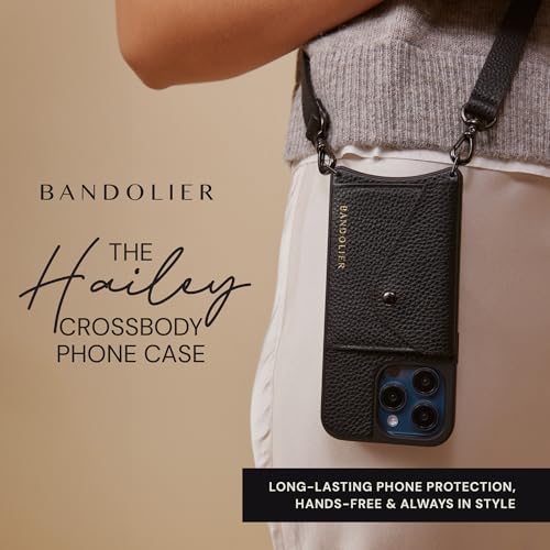 Bandolier Hailey Leather Crossbody Phone Case iPhone 15 Pro - Black/Pwt | Crossbody leather phone case. Built-in wallet w/ snap-closure. Adjustable & removable leather strap. Phone drop protection. - color: Black/Pewter, size: iPhone 15 Pro
