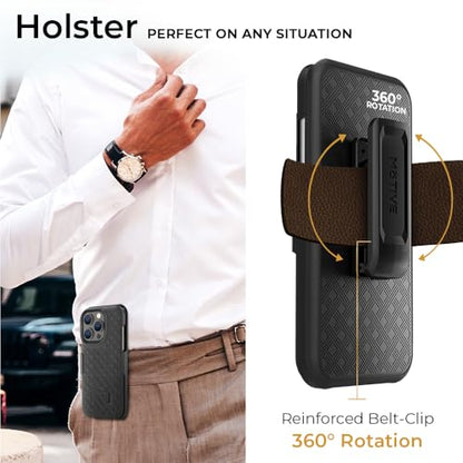 MOTIVE for iPhone 16 Pro max Case with Belt Clip, Rigid, Kickstand | 6.9" | Ranger v1 Series, Black, 360° holster, open-top/open-bottom port access, textured grip, slim - size: iPhone 16 Pro Max