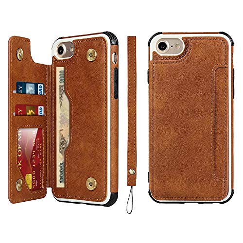 iCoverCase Compatible with iPhone SE(2022)/SE(2020)/7/8/6/6s Wallet Case with Card Slots Holder and Wrist Strap Premium PU Leather Kickstand Magnetic Clasp Shockproof Flip Cover Case (Khaki) - color: Khaki