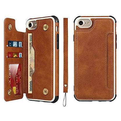iCoverCase Compatible with iPhone SE(2022)/SE(2020)/7/8/6/6s Wallet Case with Card Slots Holder and Wrist Strap Premium PU Leather Kickstand Magnetic Clasp Shockproof Flip Cover Case (Khaki) - color: Khaki