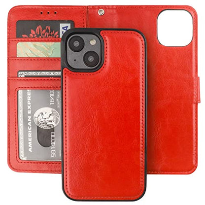 Bocasal Detachable Wallet Case Card Holder for iPhone 14, Red | RFID Blocking Kickstand Card Slots Holder PU Leather Magnetic Shockproof Wrist Strap Removable Flip Protective Cover 6.1 inch - color: Red