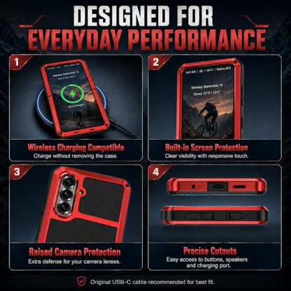 Metal Case for Samsung Galaxy S26 Case 6.3",Full Body Protective Cover Heavy Duty Shockproof [Tough Armour] Aluminum Alloy Case with Silicone Built-in Screen Protector - Red - color: Red