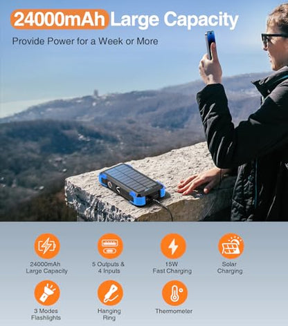 GOODaaa Solar Power Bank 24000mAh, Portable Charger with 4 Built-in Cables - color: Blue