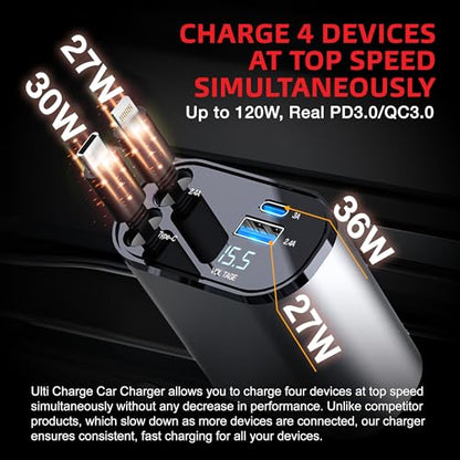 Ulti Charge iPhone Car Charger USB C Fast Charge Retractable 120W 4-Port - size: Retractable Lightning & USBC