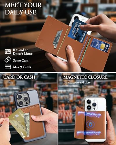 For MagSafe Wallet, Strong Magnet Wallet with RFID Blocking, 9 Cards Holder - color: Brown Trifold MagSafe Wallet