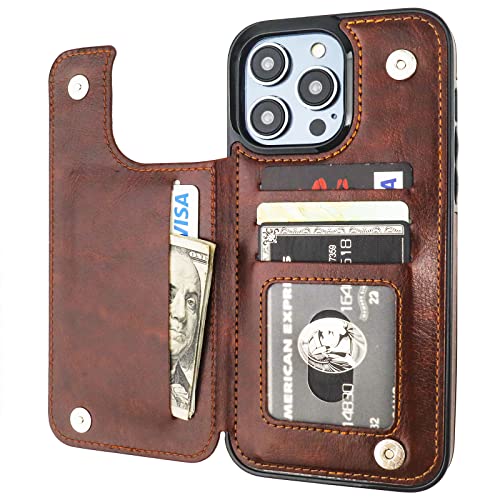 ONETOP for iPhone 14 Pro Max Wallet Case with Credit Card Holder,Brown | Kickstand,ID/Cash Holder,Case Wallet with Card Slots,Double Magnetic Clasp,Durable PU Leather Shockproof Cover for Women Men - color: Brown