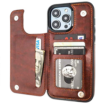 ONETOP for iPhone 14 Pro Max Wallet Case with Credit Card Holder,Brown | Kickstand,ID/Cash Holder,Case Wallet with Card Slots,Double Magnetic Clasp,Durable PU Leather Shockproof Cover for Women Men - color: Brown