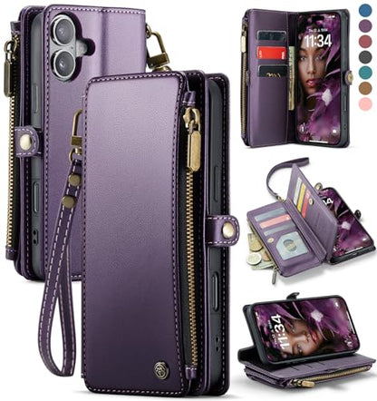 Defencase for iPhone 17 Wallet Case with RFID Blocking Card Holder, Purple | Durable Soft PU Leather, with Zipper Pocket, Wrist Strap, Fashion Snap Flip Phone Cases Cover with Stand for Women and Men - color: Purple
