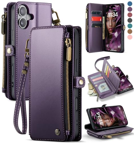 Defencase for iPhone 17 Wallet Case with RFID Blocking Card Holder, Purple | Durable Soft PU Leather, with Zipper Pocket, Wrist Strap, Fashion Snap Flip Phone Cases Cover with Stand for Women and Men - color: Purple