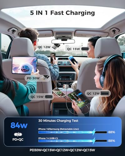 2026 Compact SUPERONE Retractable Car Charger with USB C & Apple Cables - color: Gray, size: 5 Ports