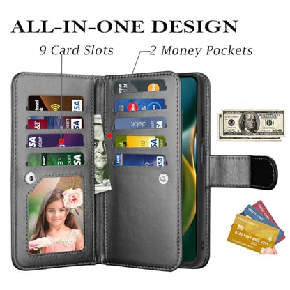 NJJEX Moto G 5G 2025 Wallet Case PU Leather 9 Card Slots Detachable Magnetic Flip Cover Kickstand Lanyard, Black - color: Black