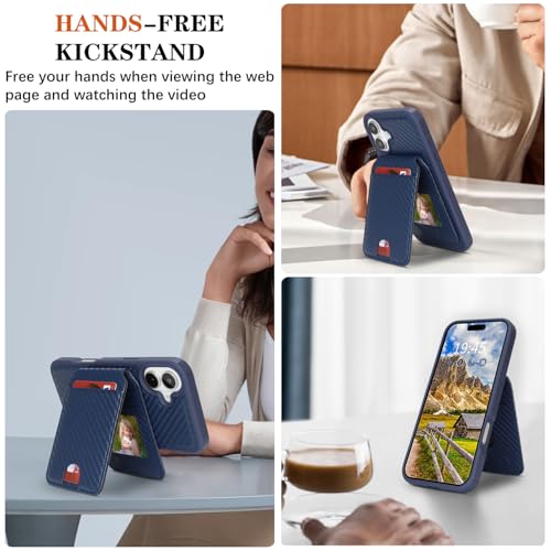 Ｈａｖａｙａ Carbon Fiber Wallet Case for iPhone 16 - Blue | Carbon fiber, detachable wallet, 5-card slots & kickstand, MagSafe 15W fast charge, raised bezels - color: Blue