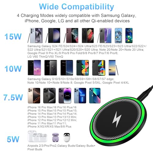 for Samsung Wireless Charger Pad for Galaxy S25 FE S25 Ultra S24FE S24 S23 S22 S21 Z Fold/Flip 7, 15W Fast Wireless Charging Station with 18W Adapter for iPhone 17 16 15 14 13,Google Pixel 10 9 Pro XL