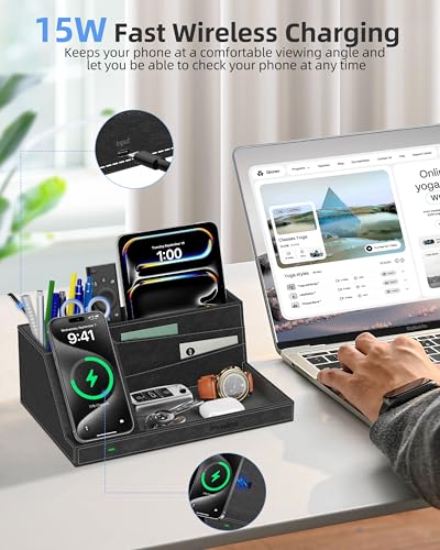 Wireless Charger with Desk Organizer, Fast Charging Station - color: Black-PU leather