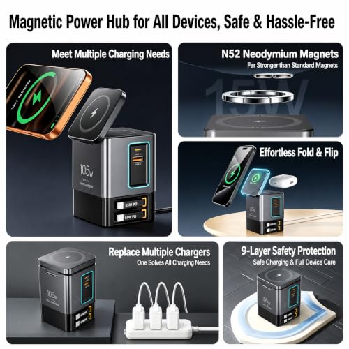 105W Retractable Charging Station, 6-in-1 GaN Charger with Dual 65W Cables