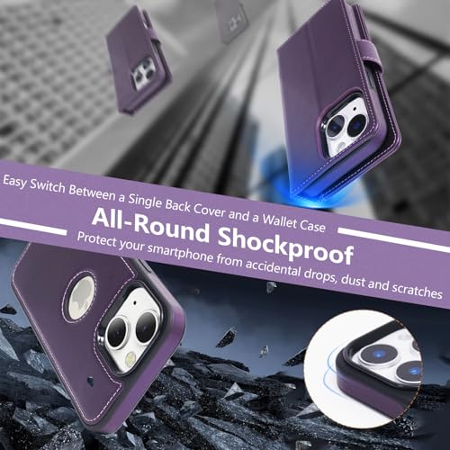 2 in 1 PU Leather for iPhone 14 Plus/15 Plus Case, Detachable Wallet Case with Card Holder, Removable Flip Folio Cover with RFID Blocking, Stand Shockproof Phone Cover（Compatible with MagSafe） Purple - color: Purple, size: Iphone 14 plus / 15 plus