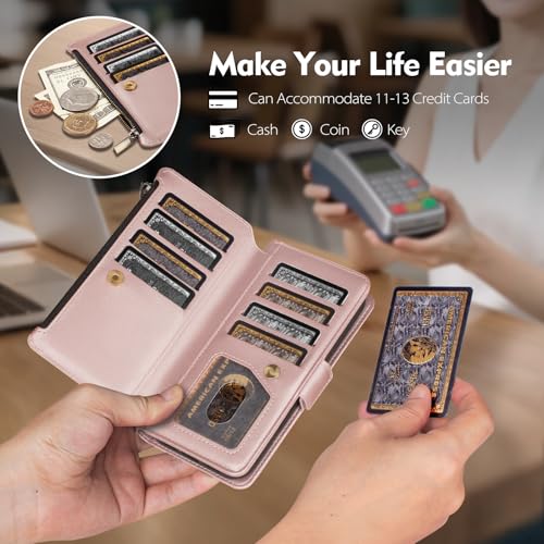 Antsturdy Compatible with MagSafe iPhone 17 Pro Wallet Case,Rose Gold | Detachable Magnetic Credit Card Holder,RFID Blocking,PU Leather Zipper Purse,Wrist Strap Kickstand,Flip Phone Cover for Women - color: (Detachable with Magsafe)-Rose Gold