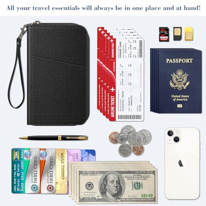 FINTIE Family Passport Holder Wallet Travel Document Organizer Clutch Bag | RFID Blocking Credit Cards Case Cover for Women Men - color: Black