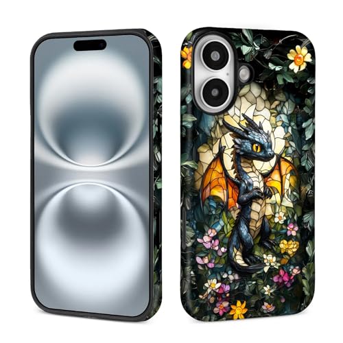 Case for iPhone 16,Drop Protection Hybrid 2-Layer Hard Phone Cover-Stained Glass Black Dragon - color: Stained Glass Black Dragon, size: iPhone 16