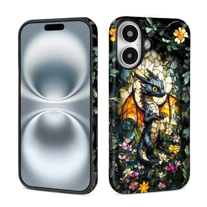 Case for iPhone 16,Drop Protection Hybrid 2-Layer Hard Phone Cover-Stained Glass Black Dragon - color: Stained Glass Black Dragon, size: iPhone 16