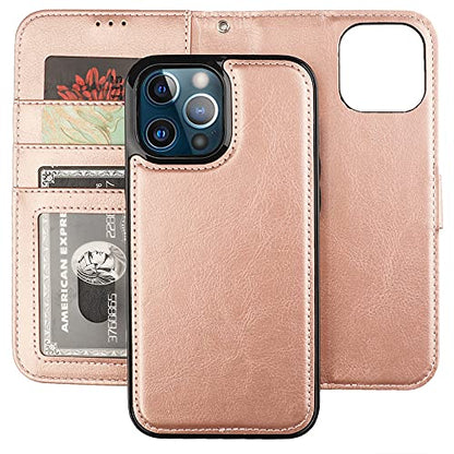 Bocasal Detachable Wallet Case Card Holder for iPhone 13 Pro Max Rose Gold | RFID Blocking Kickstand Card Slots Holder PU Leather Magnetic Shockproof Wrist Strap Removable Flip Protective Cover 6.7 inch - color: Rose Gold