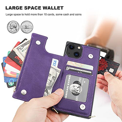 Bocasal Crossbody Wallet Case with Strap for iPhone 13/14, Purple | RFID Blocking Card Slot Holder, Magnetic Flip Folio Purse Case, PU Leather Zipper Handbag Detachable Lanyard Strap 6.1 Inch - color: Purple